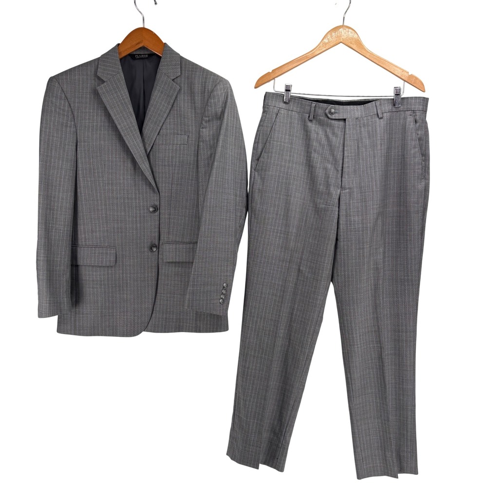 Jos. A. Bank Traveler's‎ Collection Gray Plaid Pinstripe Wool Suit Tailored Fit